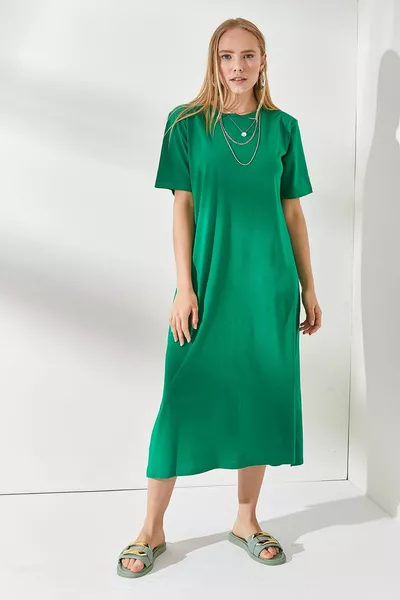 المرأة العشب الأخضر الجانب شق فستان القطن المتضخم 