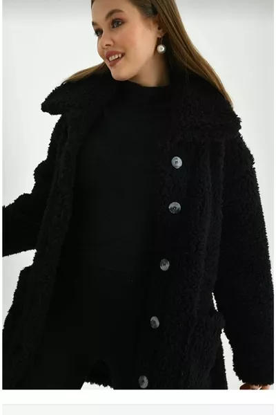 Oversized Collared Buttoned Lined-Free Plush Jacket