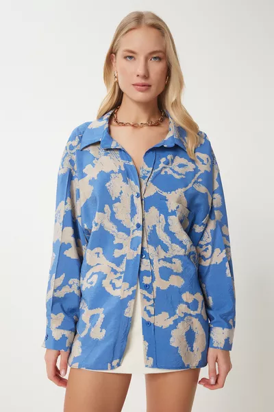 Camicia Oversize da Donna in Cotone Satinato con Motivo Blu 