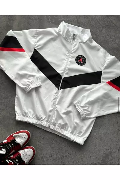 معطف مطر وسترة مضادة للرياح بتصميم أبيض وجيب بسحاب للجنسين