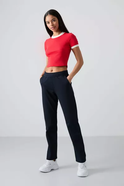 Pantalon de survêtement pour femme à taille haute, poches, coupe confortable, jambes classiques bleu marine - 