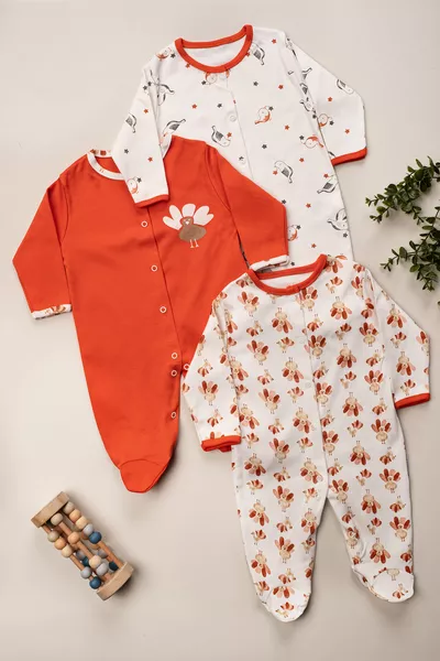 Baby Girl Cotton Snap Closure Romper Set with Footies 3-6-9 Months, 3 Pieces