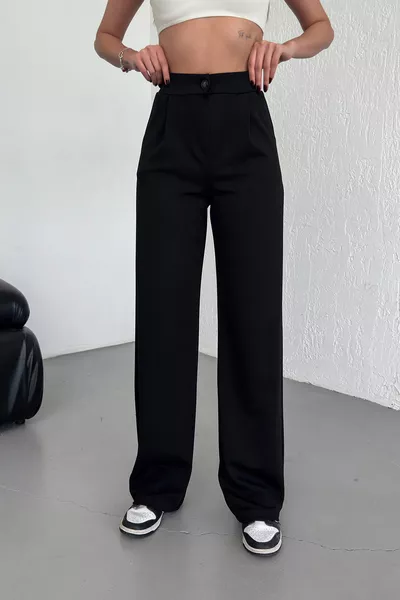 Дамски панталон Palazzo с висока талия, плисета, копчета, еластичен и удобен, черен