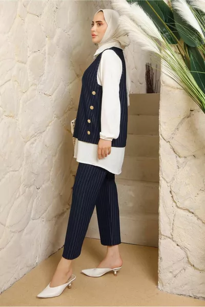 Женский темно-синий рубашка с воротником в полоску Тройной жилет Комплект T 