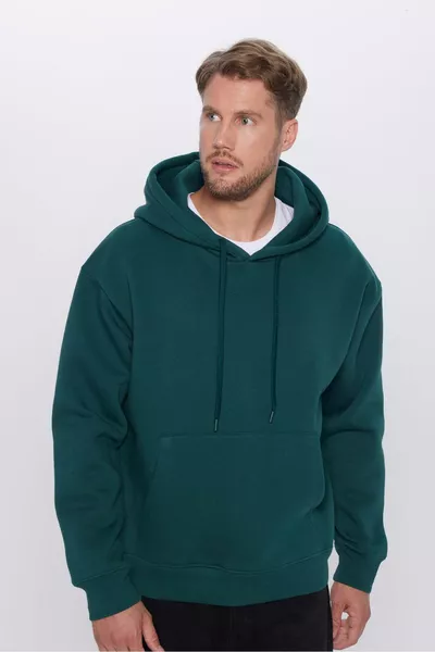 سويت شيرت بغطاء رأس أساسي باللون الأخضر، واسع الحجم للجنسين، من القطن بنسيج ناعم وطبقة داخلية مبطنة بالفرو