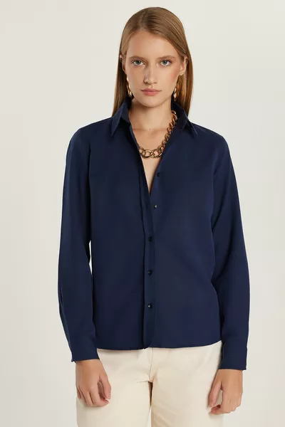 Women's Slim Fit Fitted Long Sleeve Cotton Textured Navy Basic Shirt