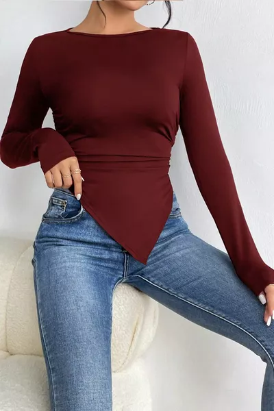 Asimetrik Bisiklet Yaka Uzun Kollu Bluz 