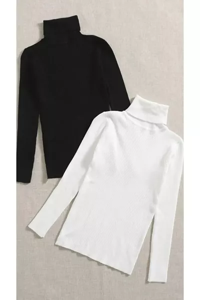 Black and White 2-Pack Turtleneck Sweater Ready Package Seasonal Essential Piece Cotton Turtleneck with Stretch Lycra