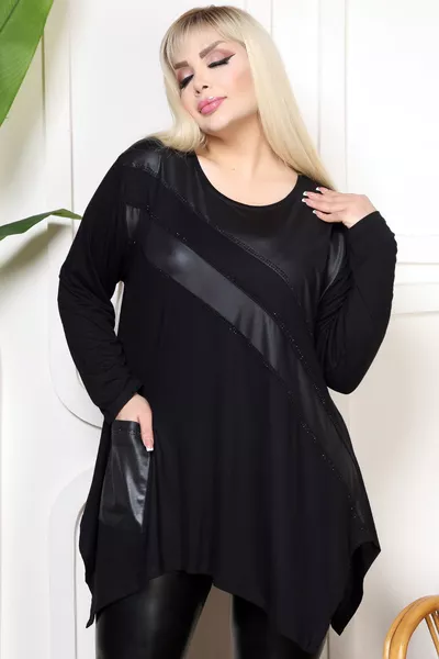 Pool Neck Long Sleeve Leather Block Hobo Pocket Stone-Embellished Relaxed Fit Asymmetric Hem Plus Size Blouse