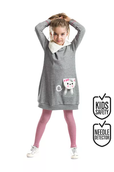 Платье для девочек зимнее серое из плюша с воротником-шалью, карманами в виде кошек