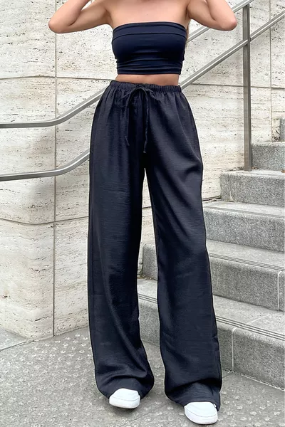 Pantaloni Palazzo da Donna in Lino Nero a Vita Alta e Gamba Larga