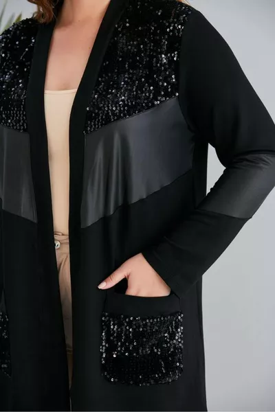 Женский кардиган с пайетками, блоковым узором, искусственной кожей, открытым передом, карманами и эластичным вискозным материалом