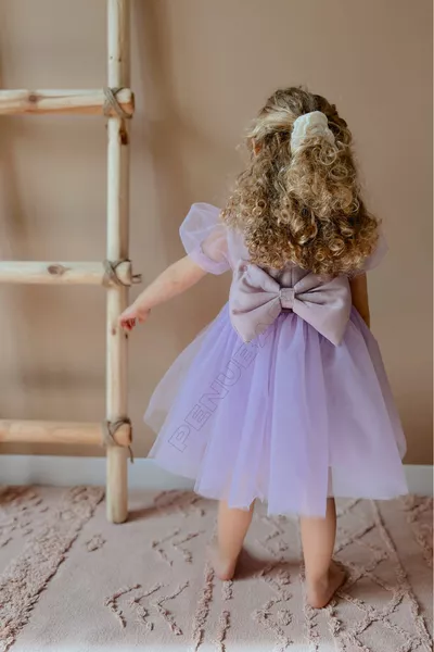 فستان طفلة قصير بأكمام بالون من التُل البنفسجي مع تول تحت الإبط - سندريلا