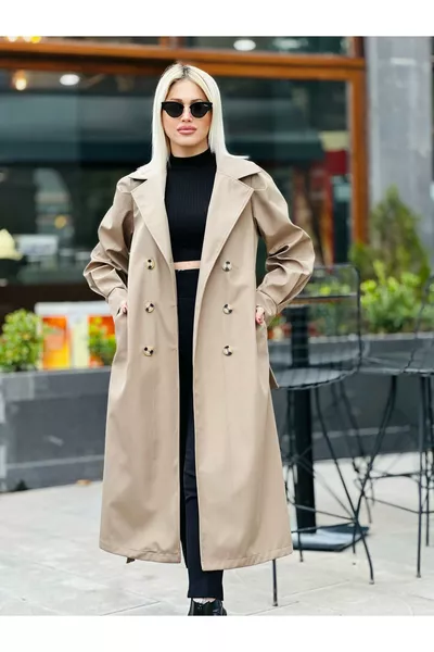 معطف ترنش بفيونكة وأكمام منفوخة باللون البني المخملي