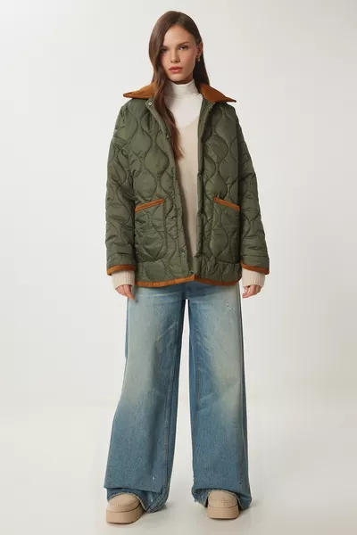 Women's Khaki Polo Collar Quilted Jacket with Pockets 