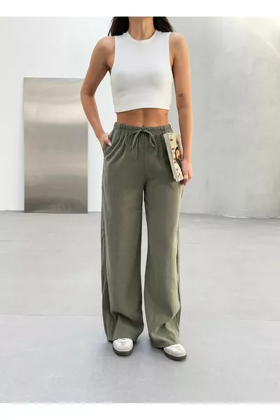 Women's Khaki Soft Modal Woven Fabric Wide-Leg Elastic Waist Flowing Summer Pants