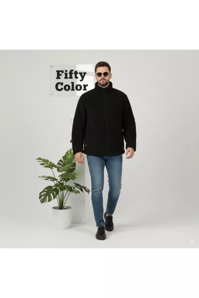 Черная плюшевая куртка с высоким воротником, карманы на молнии, свободный крой, велсофт