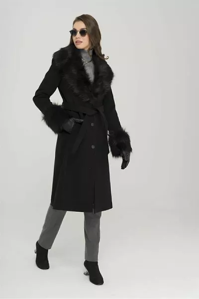 Afneembare bontkraag en mouwen, knoopsluiting, middenlange jas ZWART 