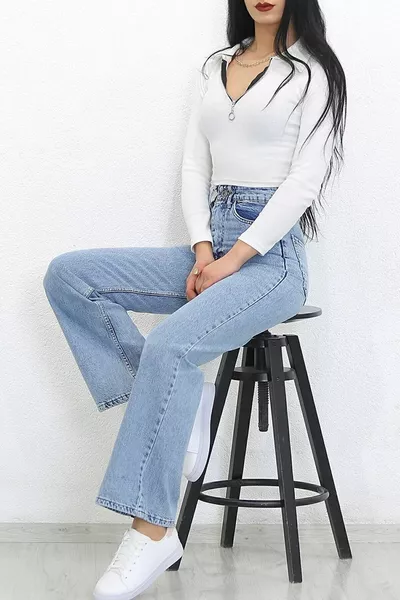 Dessin Light Blue Snow Wash Lycra Palazzo Shabby Leg Super High Waist Jeans
