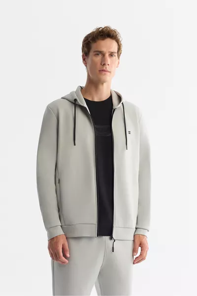 Мужской свитшот с капюшоном серого цвета из интерлоковой ткани на молнии, базовый, обычного кроя 