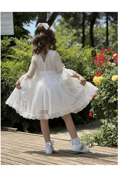فستان فتاة بنموذج أميرة مع دانتيل منقط وإبزيم للعيد باللون الأبيض لفتيات الأطفال