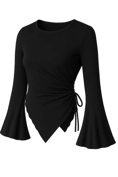 بلوزة علوية متوافقة مع الحجاب بياقة دائرية سوداء وتفاصيل درابيه وأكمام إسبانية