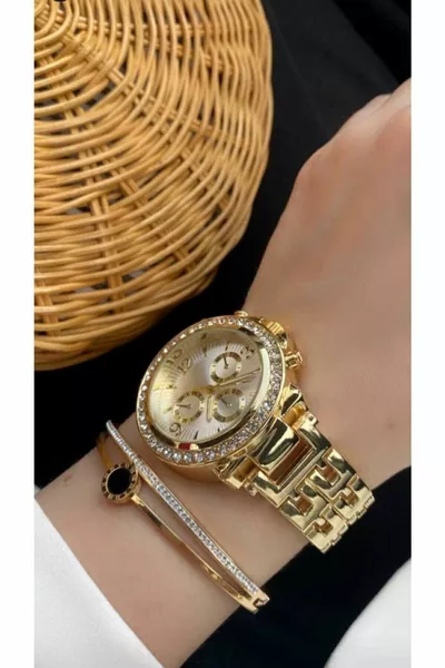 Damen Gold Steel Stone Analog Classic Armbanduhr (Armband nicht im Preis inbegriffen)