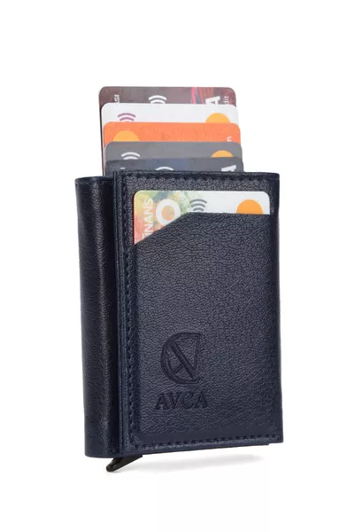 Men's Vegan Leather Navy Wallet with Cash Compartment and Sliding Mechanism Cardholder