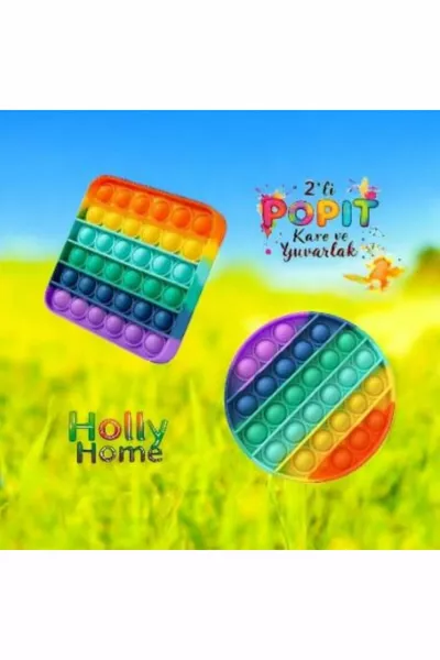 2'li Pop It Kare- Yuvarlak Şekilli Gökkuşağı Renk Duyusal Oyuncak Zihinsel Gelişim Stres Popit 2 Ad
