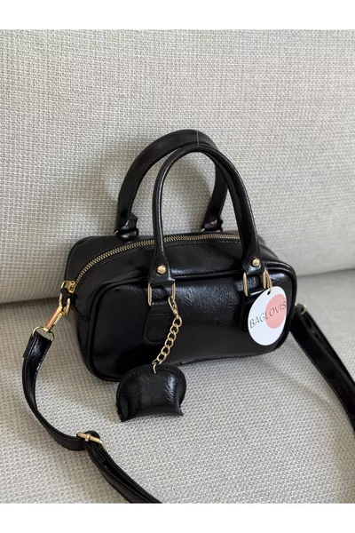 Small Black Women's Shoulder Bag with Mini Leather Charm Detail