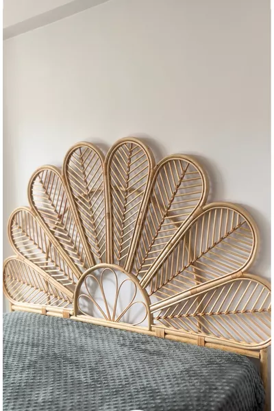 Testiera del letto in bambù e rattan intrecciato - Fatta a mano, colore naturale, matrimoniale cm