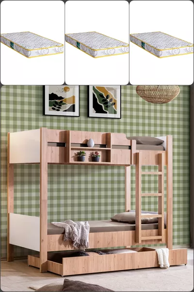 Кровать-чердак, детская разборная кровать с ящиком, орех-белый + 3 комфортабельных матраса