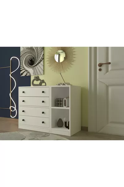 وحدة تخزين مودولية بأربعة أدراج وطاولة جانبية بأرفف مفتوحة