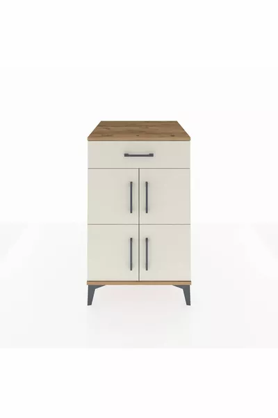 Comodino Kronos con un ripiano, un cassetto e 4 ante, pino-pietra