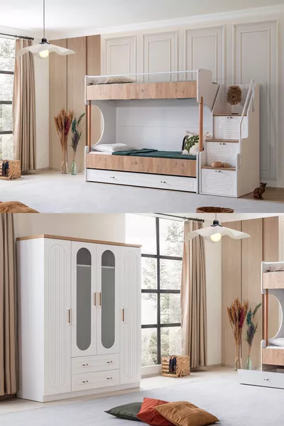 Кровать-чердак, комплект мебели для молодежной комнаты Vita Bohem, кровать с ярусами, орех + шкаф с четырьмя дверцами