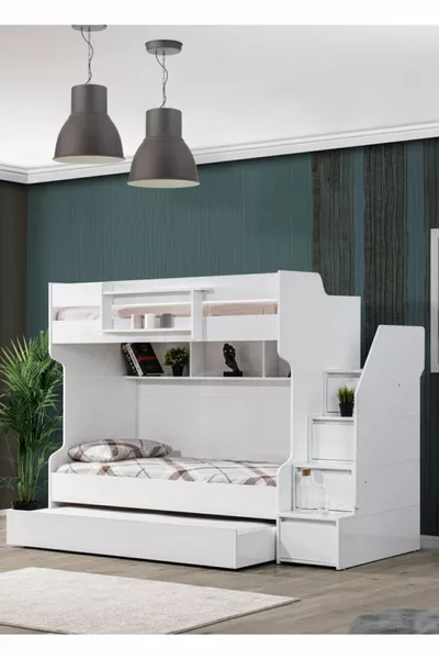 Bunk Bed, Brave Bunk Bed with Storage - White 2 Comfort Mattresses