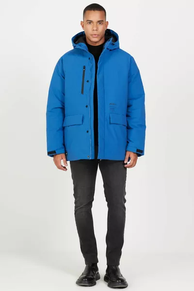 Giacca da uomo blu con cappuccio, collo alto, vestibilità standard, calda e resistente al vento