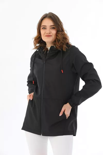 Kadın Siyah Içi Astarlı Su Geçirmez Ve Rüzgara Dayanıklı Kapüşonlu Iç Cepli Yağmurluk - Rüzgarlık