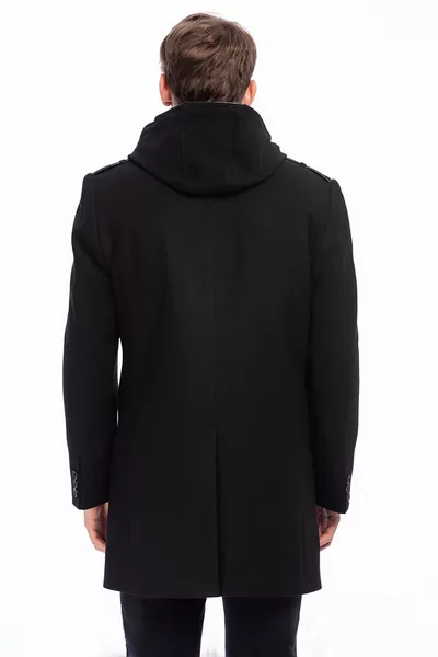 Cappotto da uomo in misto lana nero con cappuccio, chiusura anteriore con zip e bottoni