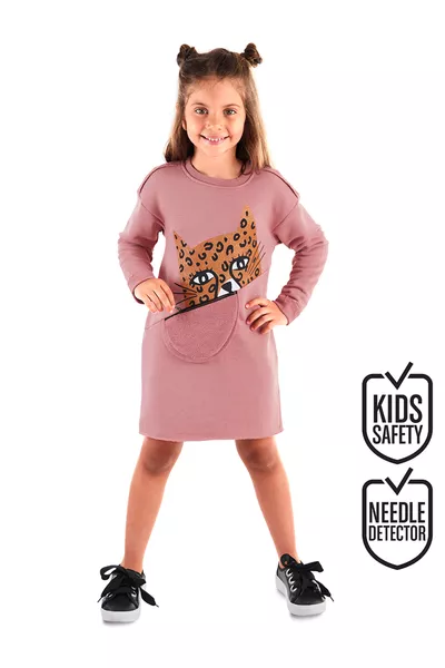 فستان فتاة طويل الأكمام بجيب ونقشة الفهد الوردي