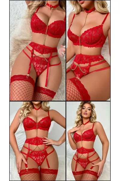 Women's Red Fantasy Nightgown with Garter, Fishnet Stockings, Lace-Up, Stretchy Luxury Sexy Lingerie Set