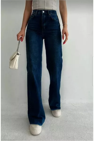 Jeans Palazzo Larga Blu Scuro Liva con Lycra da Donna a Vita Alta