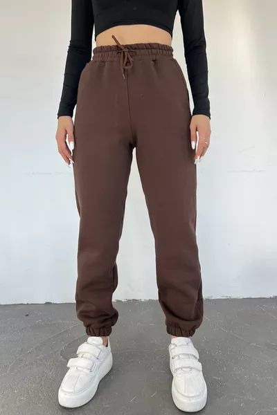 Kadın Kahverengi Kışlık Kalın Içi Polarlı Yüksek Bel Paçası Lastikli Basic Jogger Eşofman Altı