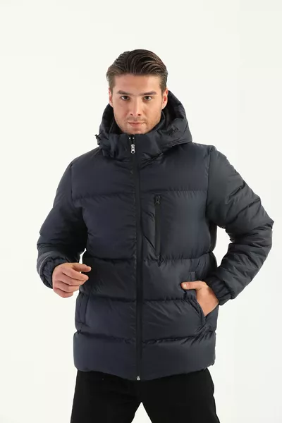 Мужская тёмно-синяя зимняя стёганая куртка с капюшоном, утеплённая и ветронепроницаемая