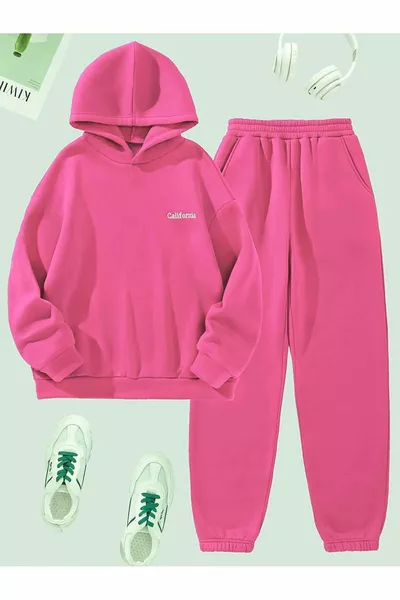 California Printed Sweatshirt and Jogger Set - Pink Printed Oversized Fleece Hoodie