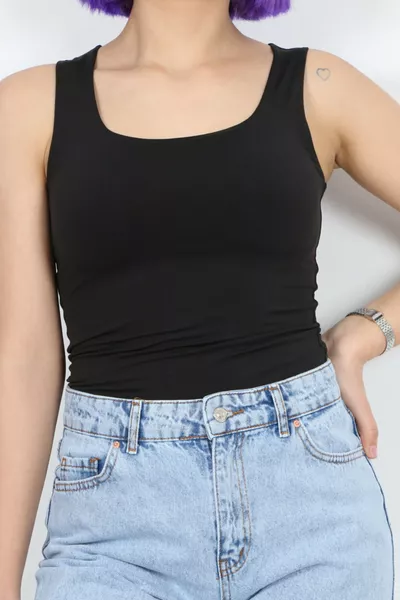 Women's Thick-Strap Stretch Basic Square Neck Sleeveless Top/Black/L