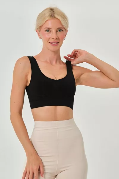 Спортен сутиен Rosella модел с широки презрамки, допълнително стягащ, без подплънки, черен цвят 