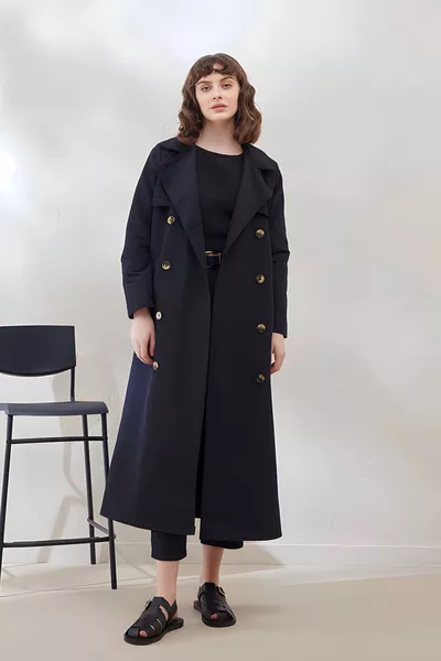 Black Shawl Collar Buttoned Trench Coat