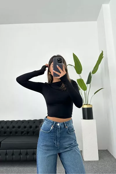 Kadın Siyah Parmak Geçmeli Pamuklu Bady