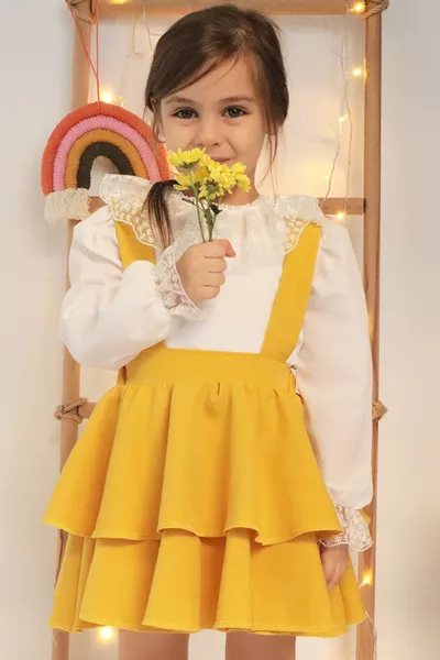 Детское платье для девочки, желтое, стиль Хелен, сарафан с кружевной блузкой, костюм для представлений на  апреля и  октября, с длинными рукавами